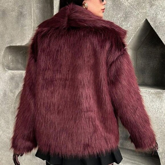 Burgundy Casual Women's Ladies Luxury Coat Warm Fluffy faux fur Coat - Picture 2 of 8